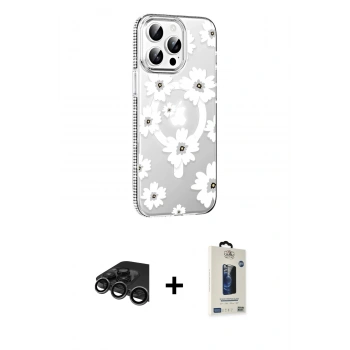 MARSİLYAN™- iPhone 15 Pro Max Kılıf Yörünge Işık Prime - Siyah Bilvis Hayalet Cam Ekran Koruyucu + Raze Metal Kamera Lens - TMGI