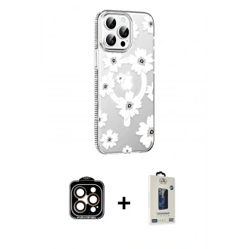 MARSİLYAN™- iPhone 15 Pro Max Kılıf Yörünge Işık Prime - Siyah Bilvis Hayalet Cam Ekran Koruyucu + PVD Metal Kamera Lens - TU