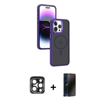 MARSİLYAN™- iPhone 15 Pro Max Kılıf Yörünge Klasik - Siyah 3D Antistatik Hayalet Cam Ekran Koruyucu + PVD Metal Kamera Lens - LT