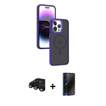 MARSİLYAN™- iPhone 15 Pro Max Kılıf Yörünge Klasik - Siyah 3D Antistatik Hayalet Cam Ekran Koruyucu + Raze Metal Kamera Lens - SH