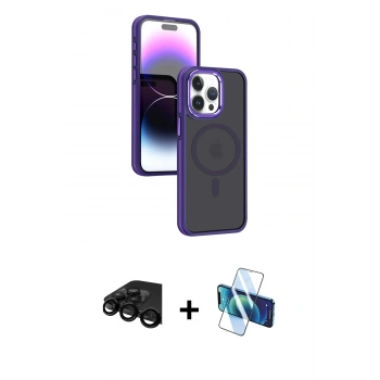 MARSİLYAN™- iPhone 15 Pro Max Kılıf Yörünge Klasik - Siyah 3D Antistatik Seramik Nano Ekran Koruyucu + Raze Metal Kamera Lens - SH