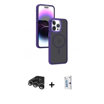 MARSİLYAN™- iPhone 15 Pro Max Kılıf Yörünge Klasik - Siyah Bilvis 0.18mm Plus Cam Ekran Koruyucu + Raze Metal Kamera Lens - GS