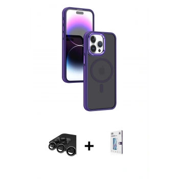 MARSİLYAN™- iPhone 15 Pro Max Kılıf Yörünge Klasik - Siyah Bilvis 0.18mm Plus Cam Ekran Koruyucu + Raze Metal Kamera Lens - TMGI