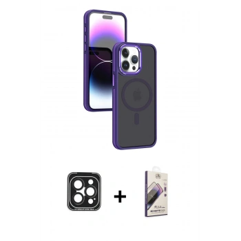 MARSİLYAN™- iPhone 15 Pro Max Kılıf Yörünge Klasik - Siyah Bilvis 3D Mat Cam Ekran Koruyucu + PVD Metal Kamera Lens - SH