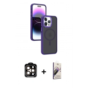MARSİLYAN™- iPhone 15 Pro Max Kılıf Yörünge Klasik - Siyah Bilvis 3D Mat Cam Ekran Koruyucu + PVD Metal Kamera Lens - TU