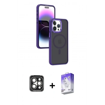 MARSİLYAN™- iPhone 15 Pro Max Kılıf Yörünge Klasik - Siyah Bilvis 5in1 3D Magic Cam Ekran Koruyucu + PVD Metal Kamera Lens - GI
