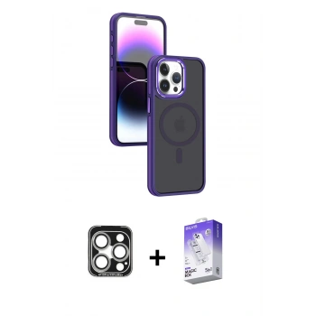 MARSİLYAN™- iPhone 15 Pro Max Kılıf Yörünge Klasik - Siyah Bilvis 5in1 3D Magic Cam Ekran Koruyucu + PVD Metal Kamera Lens - GS