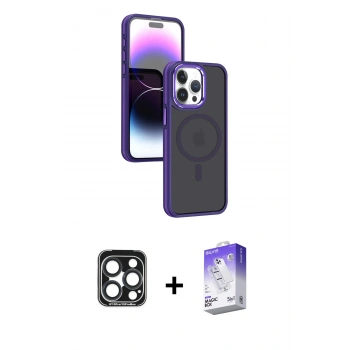 MARSİLYAN™- iPhone 15 Pro Max Kılıf Yörünge Klasik - Siyah Bilvis 5in1 3D Magic Cam Ekran Koruyucu + PVD Metal Kamera Lens - LT