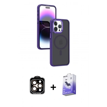 MARSİLYAN™- iPhone 15 Pro Max Kılıf Yörünge Klasik - Siyah Bilvis 5in1 5D Magic Hayalet Cam Ekran Koruyucu + PVD Metal Kamera Lens - TU