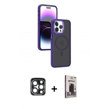 MARSİLYAN™- iPhone 15 Pro Max Kılıf Yörünge Klasik - Siyah Bilvis Hayalet Cam Ekran Koruyucu + PVD Metal Kamera Lens - LT