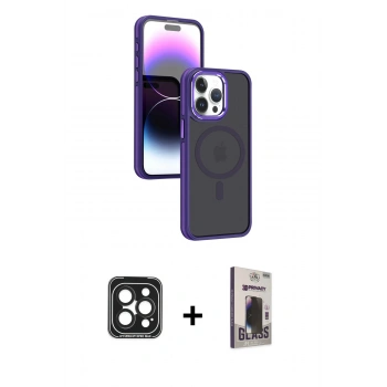 MARSİLYAN™- iPhone 15 Pro Max Kılıf Yörünge Klasik - Siyah Bilvis Hayalet Cam Ekran Koruyucu + PVD Metal Kamera Lens - SH