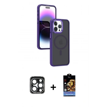 MARSİLYAN™- iPhone 15 Pro Max Kılıf Yörünge Klasik - Siyah Buffer Hayalet Cam Ekran Koruyucu + PVD Metal Kamera Lens - LT