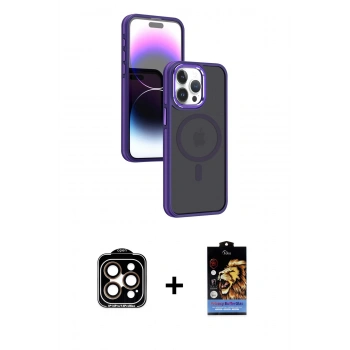 MARSİLYAN™- iPhone 15 Pro Max Kılıf Yörünge Klasik - Siyah Buffer Hayalet Cam Ekran Koruyucu + PVD Metal Kamera Lens - TU