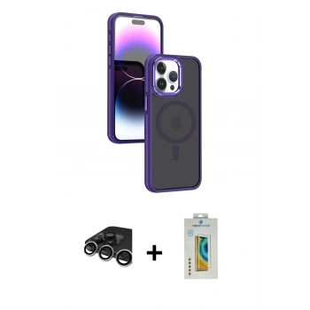 MARSİLYAN™- iPhone 15 Pro Max Kılıf Yörünge Klasik - Siyah Polymer Nano Ekran Koruyucu + Raze Metal Kamera Lens - GS