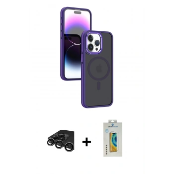 MARSİLYAN™- iPhone 15 Pro Max Kılıf Yörünge Klasik - Siyah Polymer Nano Ekran Koruyucu + Raze Metal Kamera Lens - TMGI