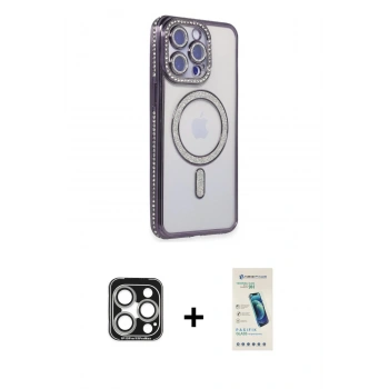 MARSİLYAN™- iPhone 15 Pro Max Kılıf Zirve Doku Prime - Şeffaf Pasifik Cam Ekran Koruyucu + PVD Metal Kamera Lens - GS