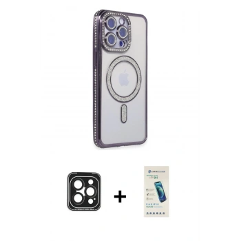 MARSİLYAN™- iPhone 15 Pro Max Kılıf Zirve Doku Prime - Şeffaf Pasifik Cam Ekran Koruyucu + PVD Metal Kamera Lens - SH