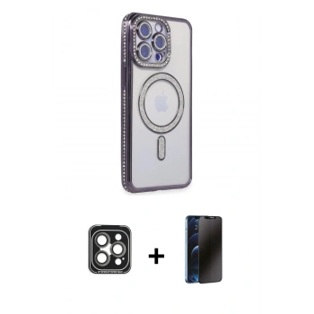 MARSİLYAN™- iPhone 15 Pro Max Kılıf Zirve Doku Prime - Siyah 3D Antistatik Hayalet Cam Ekran Koruyucu + PVD Metal Kamera Lens - GI