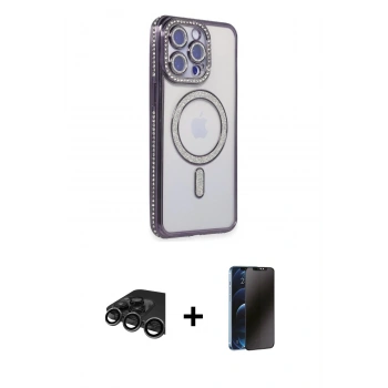 MARSİLYAN™- iPhone 15 Pro Max Kılıf Zirve Doku Prime - Siyah 3D Antistatik Hayalet Cam Ekran Koruyucu + Raze Metal Kamera Lens - TMGI