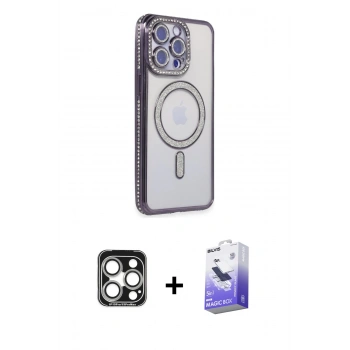 MARSİLYAN™- iPhone 15 Pro Max Kılıf Zirve Doku Prime - Siyah Bilvis 5in1 5D Magic Hayalet Cam Ekran Koruyucu + PVD Metal Kamera Lens - GS