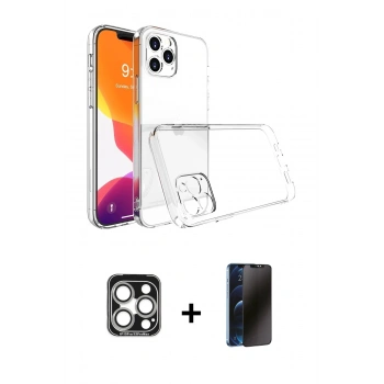 MARSİLYAN™- iPhone 15 Pro Max Kılıf Zirve Doku - Siyah 3D Antistatik Hayalet Cam Ekran Koruyucu + PVD Metal Kamera Lens - GS