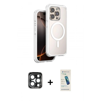 MARSİLYAN™- iPhone 15 Pro Max Kılıf Zirve Klasik Prime - Şeffaf Pasifik Cam Ekran Koruyucu + PVD Metal Kamera Lens - LT