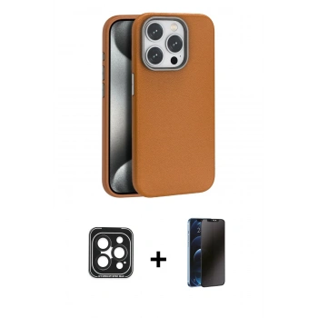 MARSİLYAN™- iPhone 15 Pro Max Kılıf Zirve Modern Prime - Siyah 3D Antistatik Hayalet Cam Ekran Koruyucu + PVD Metal Kamera Lens - SH