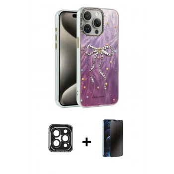 MARSİLYAN™- iPhone 15 Pro Max Kılıf Zirve Modern Prime - Siyah 3D Antistatik Hayalet Cam Ekran Koruyucu + PVD Metal Kamera Lens - SH