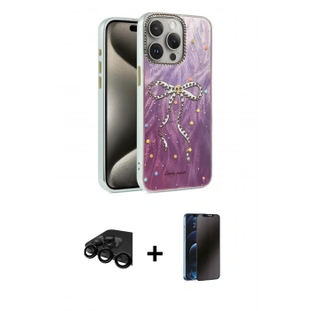 MARSİLYAN™- iPhone 15 Pro Max Kılıf Zirve Modern Prime - Siyah 3D Antistatik Hayalet Cam Ekran Koruyucu + Raze Metal Kamera Lens - SH