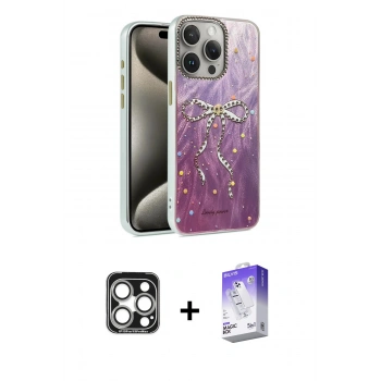 MARSİLYAN™- iPhone 15 Pro Max Kılıf Zirve Modern Prime - Siyah Bilvis 5in1 3D Magic Cam Ekran Koruyucu + PVD Metal Kamera Lens - GS
