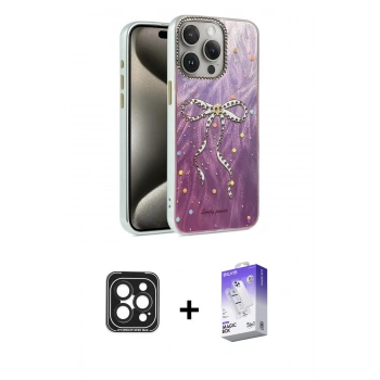 MARSİLYAN™- iPhone 15 Pro Max Kılıf Zirve Modern Prime - Siyah Bilvis 5in1 3D Magic Cam Ekran Koruyucu + PVD Metal Kamera Lens - SH