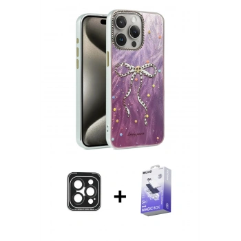 MARSİLYAN™- iPhone 15 Pro Max Kılıf Zirve Modern Prime - Siyah Bilvis 5in1 5D Magic Hayalet Cam Ekran Koruyucu + PVD Metal Kamera Lens - SH