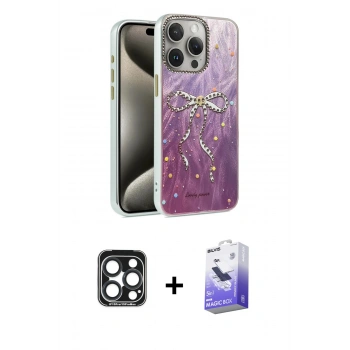 MARSİLYAN™- iPhone 15 Pro Max Kılıf Zirve Modern Prime - Siyah Bilvis 5in1 5D Magic Hayalet Cam Ekran Koruyucu + PVD Metal Kamera Lens - LT