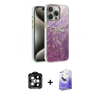 MARSİLYAN™- iPhone 15 Pro Max Kılıf Zirve Modern Prime - Siyah Bilvis 5in1 5D Magic Hayalet Cam Ekran Koruyucu + PVD Metal Kamera Lens - TU