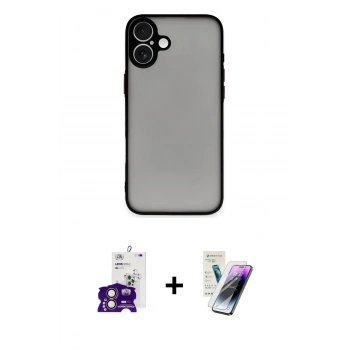 MARSİLYAN™- iPhone 16 Kılıf Ahenk Çizgi Serisi - Şeffaf Pasifik Cam Ekran Koruyucu + Bilvis Titan Kamera Lens - PE