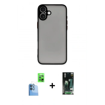 MARSİLYAN™- iPhone 16 Kılıf Ahenk Çizgi Serisi - Siyah 360 Mat Full Body Arka Koruyucu + Raze Metal Kamera Lens - LT