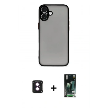 MARSİLYAN™- iPhone 16 Kılıf Ahenk Çizgi Serisi - Siyah 360 Mat Full Body Arka Koruyucu + PVD Metal Kamera Lens - PE