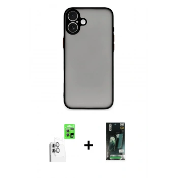 MARSİLYAN™- iPhone 16 Kılıf Ahenk Çizgi Serisi - Siyah 360 Mat Full Body Arka Koruyucu + Raze Metal Kamera Lens - BZ