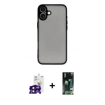 MARSİLYAN™- iPhone 16 Kılıf Ahenk Çizgi Serisi - Siyah 360 Mat Full Body Arka Koruyucu + Bilvis Titan Kamera Lens - SH