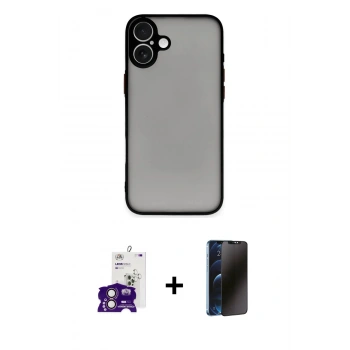 MARSİLYAN™- iPhone 16 Kılıf Ahenk Çizgi Serisi - Siyah 3D Antistatik Hayalet Cam Ekran Koruyucu + Bilvis Titan Kamera Lens - PE