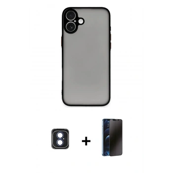 MARSİLYAN™- iPhone 16 Kılıf Ahenk Çizgi Serisi - Siyah 3D Antistatik Hayalet Cam Ekran Koruyucu + PVD Metal Kamera Lens - MI