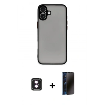 MARSİLYAN™- iPhone 16 Kılıf Ahenk Çizgi Serisi - Siyah 3D Antistatik Hayalet Cam Ekran Koruyucu + PVD Metal Kamera Lens - PE