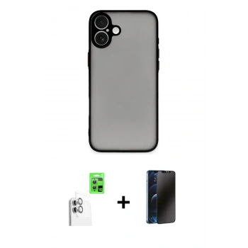 MARSİLYAN™- iPhone 16 Kılıf Ahenk Çizgi Serisi - Siyah 3D Antistatik Hayalet Cam Ekran Koruyucu + Raze Metal Kamera Lens - BZ