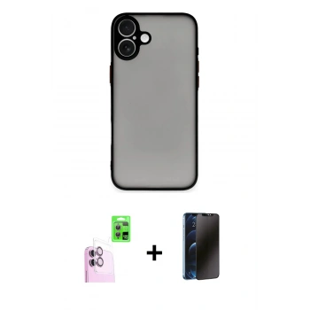 MARSİLYAN™- iPhone 16 Kılıf Ahenk Çizgi Serisi - Siyah 3D Antistatik Hayalet Cam Ekran Koruyucu + Raze Metal Kamera Lens - PE