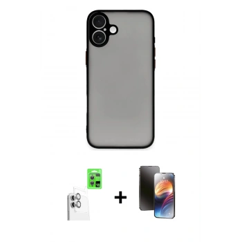 MARSİLYAN™- iPhone 16 Kılıf Ahenk Çizgi Serisi - Siyah 3D Antistatik Mat Seramik Nano Ekran Koruyucu + Raze Metal Kamera Lens - BZ