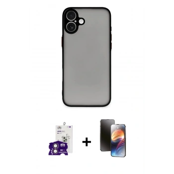 MARSİLYAN™- iPhone 16 Kılıf Ahenk Çizgi Serisi - Siyah 3D Antistatik Mat Seramik Nano Ekran Koruyucu + Bilvis Titan Kamera Lens - PE