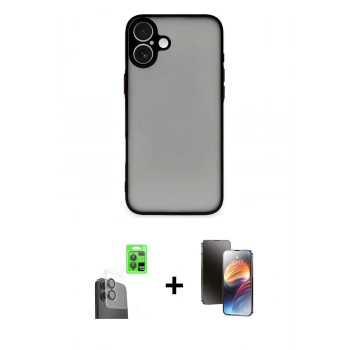 MARSİLYAN™- iPhone 16 Kılıf Ahenk Çizgi Serisi - Siyah 3D Antistatik Mat Seramik Nano Ekran Koruyucu + Raze Metal Kamera Lens - SH