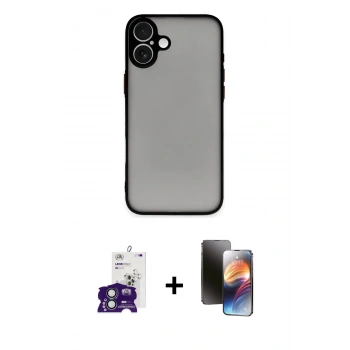 MARSİLYAN™- iPhone 16 Kılıf Ahenk Çizgi Serisi - Siyah 3D Antistatik Mat Seramik Nano Ekran Koruyucu + Bilvis Titan Kamera Lens - YL