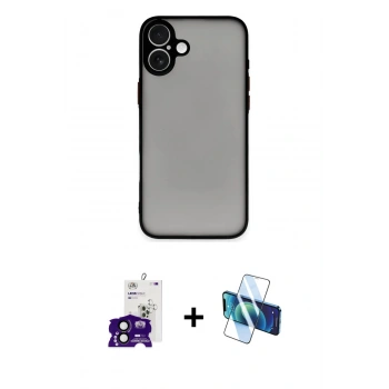 MARSİLYAN™- iPhone 16 Kılıf Ahenk Çizgi Serisi - Siyah 3D Antistatik Seramik Nano Ekran Koruyucu + Bilvis Titan Kamera Lens - SH