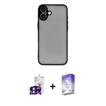 MARSİLYAN™- iPhone 16 Kılıf Ahenk Çizgi Serisi - Siyah Bilvis 5in1 3D Magic Cam Ekran Koruyucu + Bilvis Titan Kamera Lens - PE